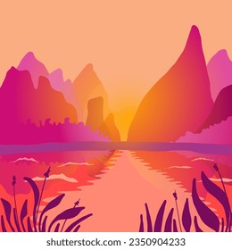 Beautiful pink landscape with reflection in the water. Rural skyline of asian mountainous countryside. Peaceful minimalistic background suitable for wallpapers, travel magazines, touristic posters.