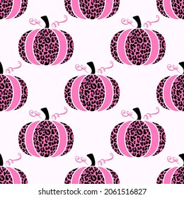 Beautiful pink leopard textured pumpkin pattern - hand drawn rose pumpkin with ocelot pattern. Brush ink vector quote for banners, greeting card, poster design.