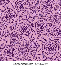 beautiful pink and lilac seamless pattern roses with little flowers. Hand-drawn contour lines and strokes. Sketch engraving style monochrome flowers and leaves. Intricate romantic background.