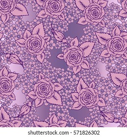 beautiful pink and lilac seamless pattern roses with little flowers. Hand-drawn contour lines and strokes. Sketch engraving style monochrome flowers and leaves. Intricate romantic background.
