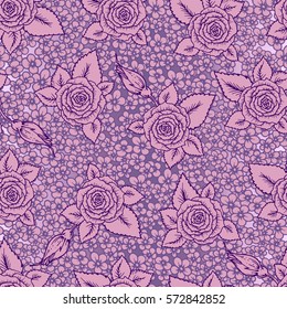 beautiful pink and lilac seamless pattern roses with little flowers. Hand-drawn contour lines and strokes. Sketch engraving style monochrome flowers and leaves. Intricate romantic background.