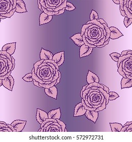 beautiful pink and lilac seamless pattern roses with little flowers. Hand-drawn contour lines and strokes. Sketch engraving style monochrome flowers and leaves. Intricate romantic background.