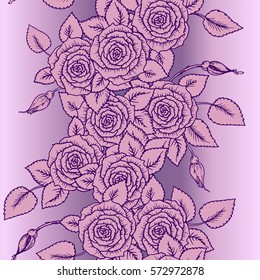 beautiful pink and lilac seamless pattern roses with little flowers. Hand-drawn contour lines and strokes. Sketch engraving style monochrome flowers and leaves. Intricate romantic background.