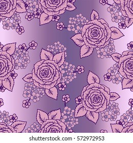 beautiful pink and lilac seamless pattern roses with little flowers. Hand-drawn contour lines and strokes. Sketch engraving style monochrome flowers and leaves. Intricate romantic background.