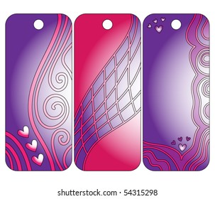 Beautiful pink and lilac vector tags or labels with hearts and curls