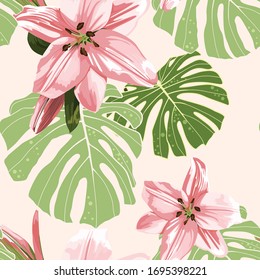 Beautiful pink lilies flowers and monstera leaves. Seamless pattern on light background.