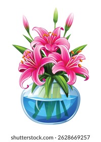Beautiful pink lilies in a round glass vase with water. Vector cartoon illustration