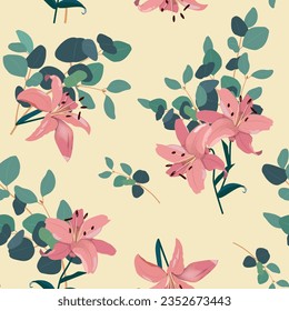 Beautiful pink lilies. Seamless vector illustration. For decorating textiles, packaging, wallpaper.