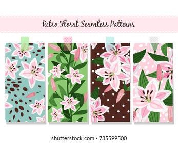 Beautiful pink lily patterns with different backdrop collection. Vector illustration