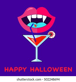 Beautiful pink lips with vampire fangs and bloody cocktail party beverage. Flat design happy halloween template greetings card poster invitation menu album booklet party etc. Vector illustration.


