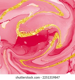 Beautiful pink liquid marble background with gold and lines. Marble texture for different purposes., Beautiful wallpaper for the template.