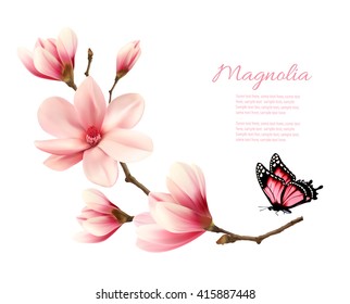 Beautiful pink magnolia branch with a butterfly. Vector.