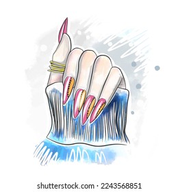 Beautiful pink manicure, stylish nail design, doodle style watercolor illustration