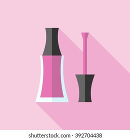 Beautiful pink nail polish bottle and brush with long shadow. Flat style icon. Beauty, fashion, manicure, cosmetic concept. EPS 8 vector illustration, no transparency