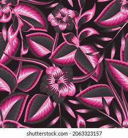 beautiful pink on gray branched leaves tropical seamless pattern plant fashionable vector design with flower decorative. floral wallpaper. colorful tropical leaf summer realistic