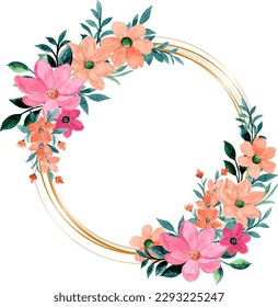 Beautiful pink orange floral watercolor wreath for wedding, birthday, card, background, invitation, wallpaper, sticker, decoration etc.