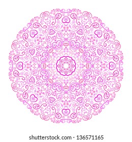 Beautiful pink ornamental background. Vector illustration for your romantic fashion design. Fond fine greeting card, round postcard with floral ornaments, excellent element for menu and invitation.