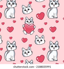 beautiful pink pattern with cats and a heart, suitable for drawing, wallpaper, prints, postcards, printing, vector illustration