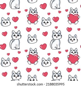 beautiful pink pattern with cats and a heart, suitable for drawing, wallpaper, prints, postcards, printing, vector illustration