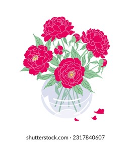 Beautiful pink peony flowers in glass spherical vase. Lush bouquet isolated on white background. Decorative gardening plant simple vector illustration. Bunch of blooming pink peonies. 