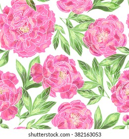 Beautiful  pink peony flowers on a white background.Vector seamless pattern