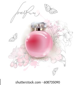 Beautiful pink perfume bottle with a delicate Apple flowers and butterflies. 3D illustration. Vector template