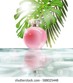 Beautiful pink perfume bottle on a background of water, hibiscus flowers and palm leafs. Summer background.Vector illustration