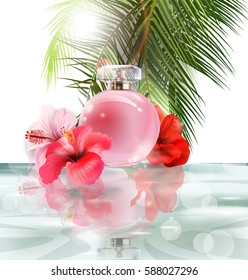 Beautiful pink perfume bottle on a background of water, hibiscus flowers and palm leafs. Summer background.Vector illustration