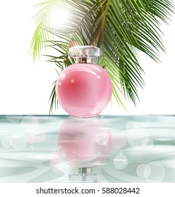 Beautiful pink perfume bottle on a background of water and the leaves of palm trees. Summer background.Vector illustration