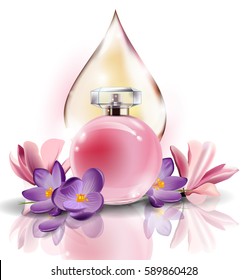 Beautiful pink perfume bottle on the background of drops of perfume, cosmetic oil. Summer background.Vector illustration