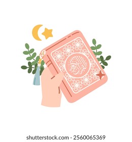 Beautiful pink pocket Quran with leaves, crescent, stars and chain flat icon vector image, hand holding Koran, Islamic holy book design illustration, Muslim book clipart isolated on white background