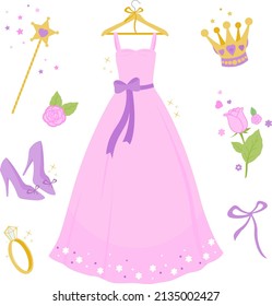 Beautiful pink princess dress. Vector illustration set