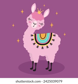 beautiful pink princess llama in crown on stars background, cute cartoon animal character