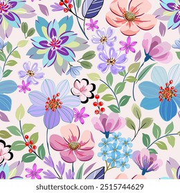 Beautiful pink, purple, blue flowers, hand drawn, seamless, on a light background. Designed for fabric, fashion, textiles, wallpaper, gift wrap.