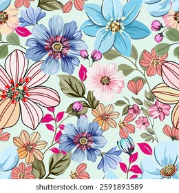Beautiful pink, purple, blue flowers, hand drawn, seamless, on a light background. Designed for fabric, fashion, textiles, wallpaper, gift wrap.
