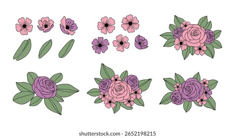 Beautiful pink and purple floral arrangements and elements for design projects