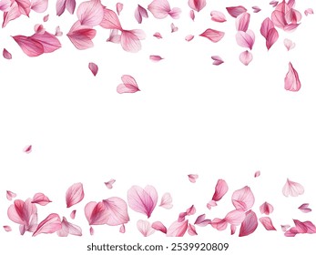 Beautiful pink and purple flower petals gracefully falling against a white background, creating a delicate and romantic atmosphere. Perfect for spring-themed designs, wedding invitations.