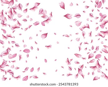 Beautiful pink and purple flower petals gracefully falling against a white background, creating a delicate and romantic atmosphere. Perfect for spring-themed designs, wedding invitations.