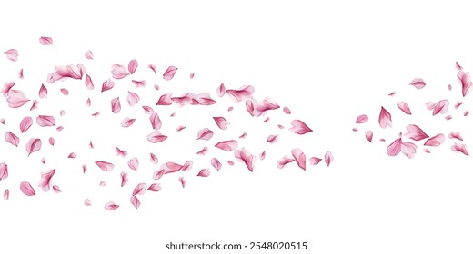 Bonitas pétalas de flor rosa e roxa caindo graciosamente contra um fundo branco, criando uma atmosfera delicada e romântica. Perfeito para desenhos com tema de primavera, convites de casamento.