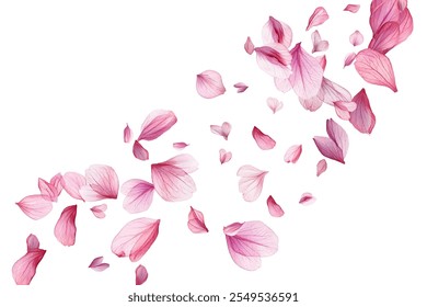 Beautiful pink and purple flower petals gracefully falling against a white background, creating a delicate and romantic atmosphere. Perfect for spring-themed designs, wedding invitations.