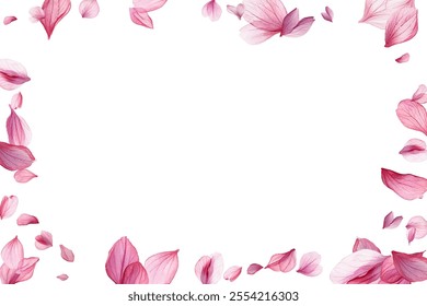 Beautiful pink and purple flower petals gracefully falling against a white background, creating a delicate and romantic atmosphere. Perfect for spring-themed designs, wedding invitations.