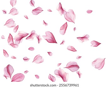 Beautiful pink and purple flower petals gracefully falling against a white background, creating a delicate and romantic atmosphere. Perfect for spring-themed designs, wedding invitations.