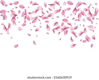 Beautiful pink and purple flower petals gracefully falling against a white background, creating a delicate and romantic atmosphere. Perfect for spring-themed designs, wedding invitations.