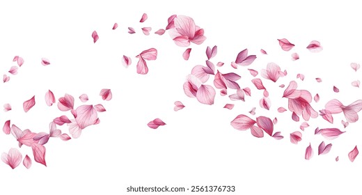 Beautiful pink and purple flower petals gracefully falling against a white background, creating a delicate and romantic atmosphere. Perfect for spring-themed designs, wedding invitations.