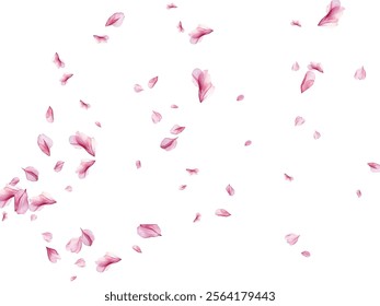 Beautiful pink and purple flower petals gracefully falling against a white background, creating a delicate and romantic atmosphere. Perfect for spring-themed designs, wedding invitations.