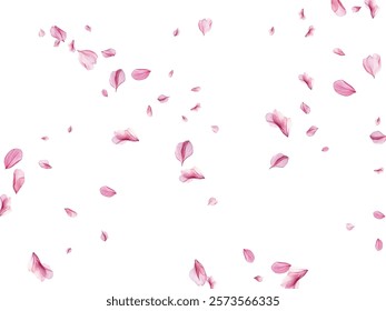 Beautiful pink and purple flower petals gracefully falling against a white background, creating a delicate and romantic atmosphere. Perfect for spring-themed designs, wedding invitations.