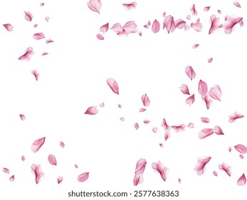 Beautiful pink and purple flower petals gracefully falling against a white background, creating a delicate and romantic atmosphere. Perfect for spring-themed designs, wedding invitations.