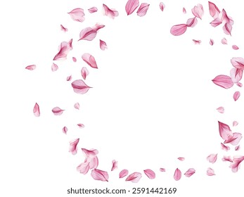 Beautiful pink and purple flower petals gracefully falling against a white background, creating a delicate and romantic atmosphere. Perfect for spring-themed designs, wedding invitations.