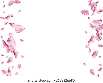 Beautiful pink and purple flower petals gracefully falling against a white background, creating a delicate and romantic atmosphere. Perfect for spring-themed designs, wedding invitations.