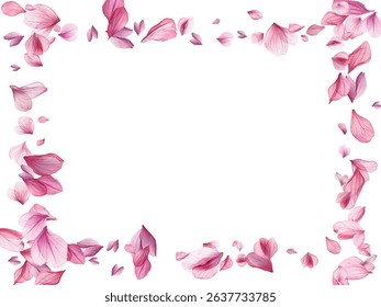 Beautiful pink and purple flower petals gracefully falling against a white background, creating a delicate and romantic atmosphere. Perfect for spring-themed designs, wedding invitations.